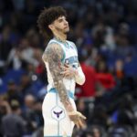 Jan 22, 2026; Orlando, Florida, USA; Charlotte Hornets guard LaMelo Ball (1) reacts after making a three-point basket against the Orlando Magic in the third quarter at Kia Center. Mandatory Credit: Nathan Ray Seebeck-Imagn Images