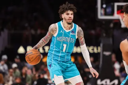 Feb 7, 2026; Atlanta, Georgia, USA; Charlotte Hornets guard LaMelo Ball (1) dribbles against the Atlanta Hawks in the fourth quarter at State Farm Arena. Mandatory Credit: Brett Davis-Imagn Images