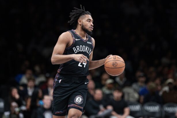 Jan 16, 2026; Brooklyn, New York, USA; Brooklyn Nets guard Cam Thomas (24) dribbles up court against the Chicago Bulls during the first quarter at Barclays Center. Mandatory Credit: Vincent Carchietta-Imagn Images