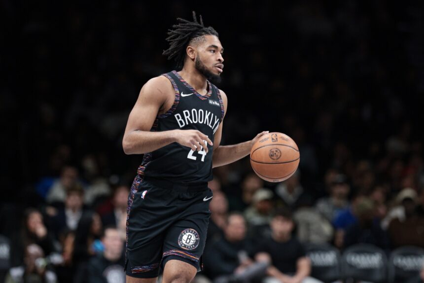 Jan 16, 2026; Brooklyn, New York, USA; Brooklyn Nets guard Cam Thomas (24) dribbles up court against the Chicago Bulls during the first quarter at Barclays Center. Mandatory Credit: Vincent Carchietta-Imagn Images
