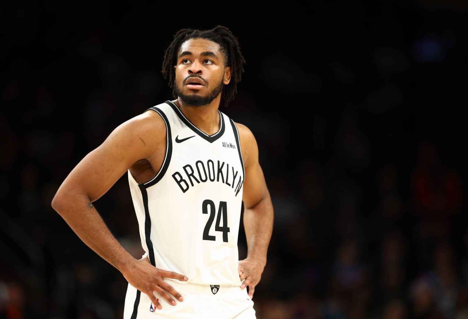 Jan 27, 2026; Phoenix, Arizona, USA; Brooklyn Nets guard Cam Thomas (24) against the Phoenix Suns at Mortgage Matchup Center. Mandatory Credit: Mark J. Rebilas-Imagn Images