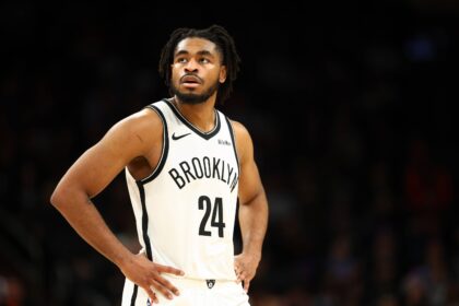 Jan 27, 2026; Phoenix, Arizona, USA; Brooklyn Nets guard Cam Thomas (24) against the Phoenix Suns at Mortgage Matchup Center. Mandatory Credit: Mark J. Rebilas-Imagn Images