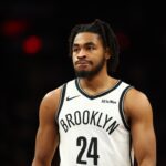 Jan 27, 2026; Phoenix, Arizona, USA; Brooklyn Nets guard Cam Thomas (24) against the Phoenix Suns at Mortgage Matchup Center. Mandatory Credit: Mark J. Rebilas-Imagn Images