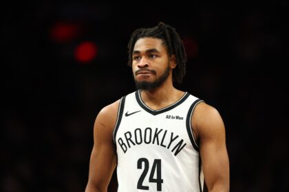 Jan 27, 2026; Phoenix, Arizona, USA; Brooklyn Nets guard Cam Thomas (24) against the Phoenix Suns at Mortgage Matchup Center. Mandatory Credit: Mark J. Rebilas-Imagn Images