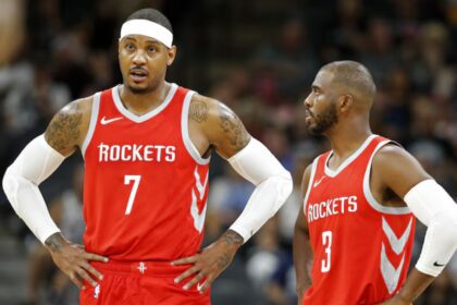 SAN ANTONIO, TX - OCTOBER 7: Carmelo Anthony #7 of the Houston Rockets talks with teammate Chris Paul #3 during a preseason against the San Antonio Spurs game on October 7, 2018 at the AT&T Center in San Antonio, Texas. Mandatory Credit: Edward A. Ornelas/Getty Images