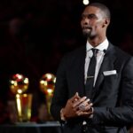 Mar 26, 2019; Miami, FL, USA; Former Miami Heat player Chris Bosh speaks during his jersey retirement ceremony at halftime of the game between the Miami Heat and the Orlando Magic at American Airlines Arena. Mandatory Credit: Jasen Vinlove-Imagn Images