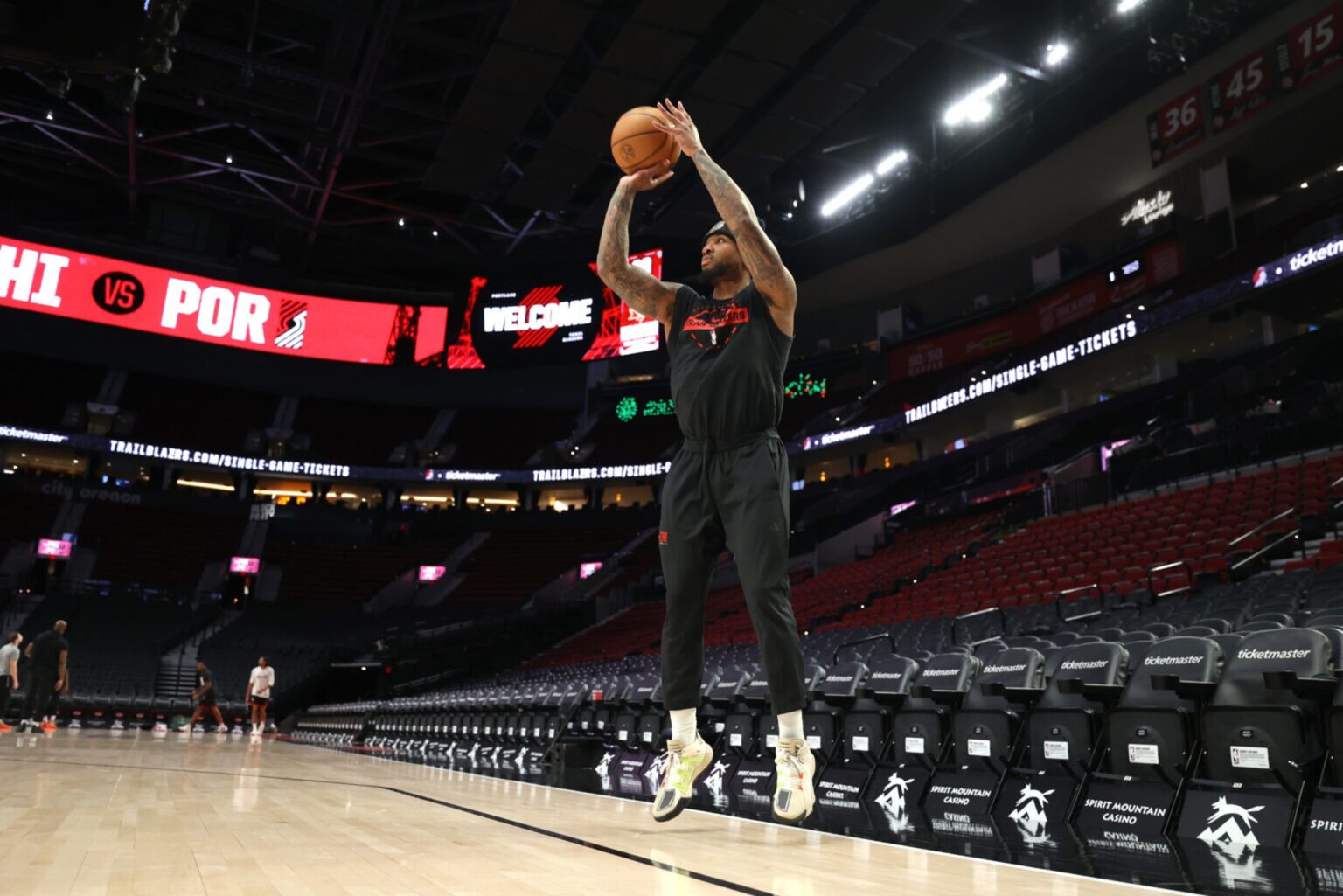 Feb 9, 2026; Portland, Oregon, USA; Portland Trail Blazers guard Damian Lillard (0) shoots a three-point shot during warm ups before the Trail Blazers play against the Philadelphia 76ers at Moda Center. Mandatory Credit: Jaime Valdez-Imagn Images