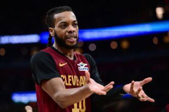 Jan 12, 2026; Cleveland, Ohio, USA; Cleveland Cavaliers guard Darius Garland (10) argues a call with referee Brent Barnaky (not pictured) during the second half against the Utah Jazz at Rocket Arena. Mandatory Credit: Ken Blaze-Imagn Images