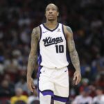 Feb 25, 2026; Houston, Texas, USA; Sacramento Kings guard DeMar DeRozan (10) looks up after a play during the third quarter against the Houston Rockets at Toyota Center. Mandatory Credit: Troy Taormina-Imagn Images