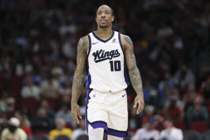 Feb 25, 2026; Houston, Texas, USA; Sacramento Kings guard DeMar DeRozan (10) looks up after a play during the third quarter against the Houston Rockets at Toyota Center. Mandatory Credit: Troy Taormina-Imagn Images