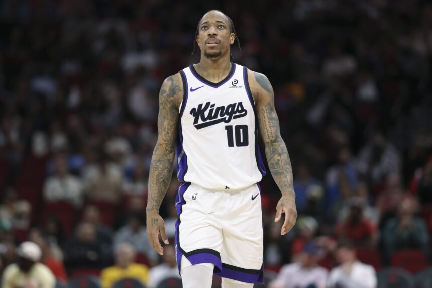 Feb 25, 2026; Houston, Texas, USA; Sacramento Kings guard DeMar DeRozan (10) looks up after a play during the third quarter against the Houston Rockets at Toyota Center. Mandatory Credit: Troy Taormina-Imagn Images