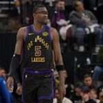 Jan 22, 2026; Inglewood, California, USA; Los Angeles Lakers center Deandre Ayton (5) wears protective glasses in the game against the Los Angeles Clippers at Intuit Dome. Mandatory Credit: Jayne Kamin-Oncea-Imagn Images