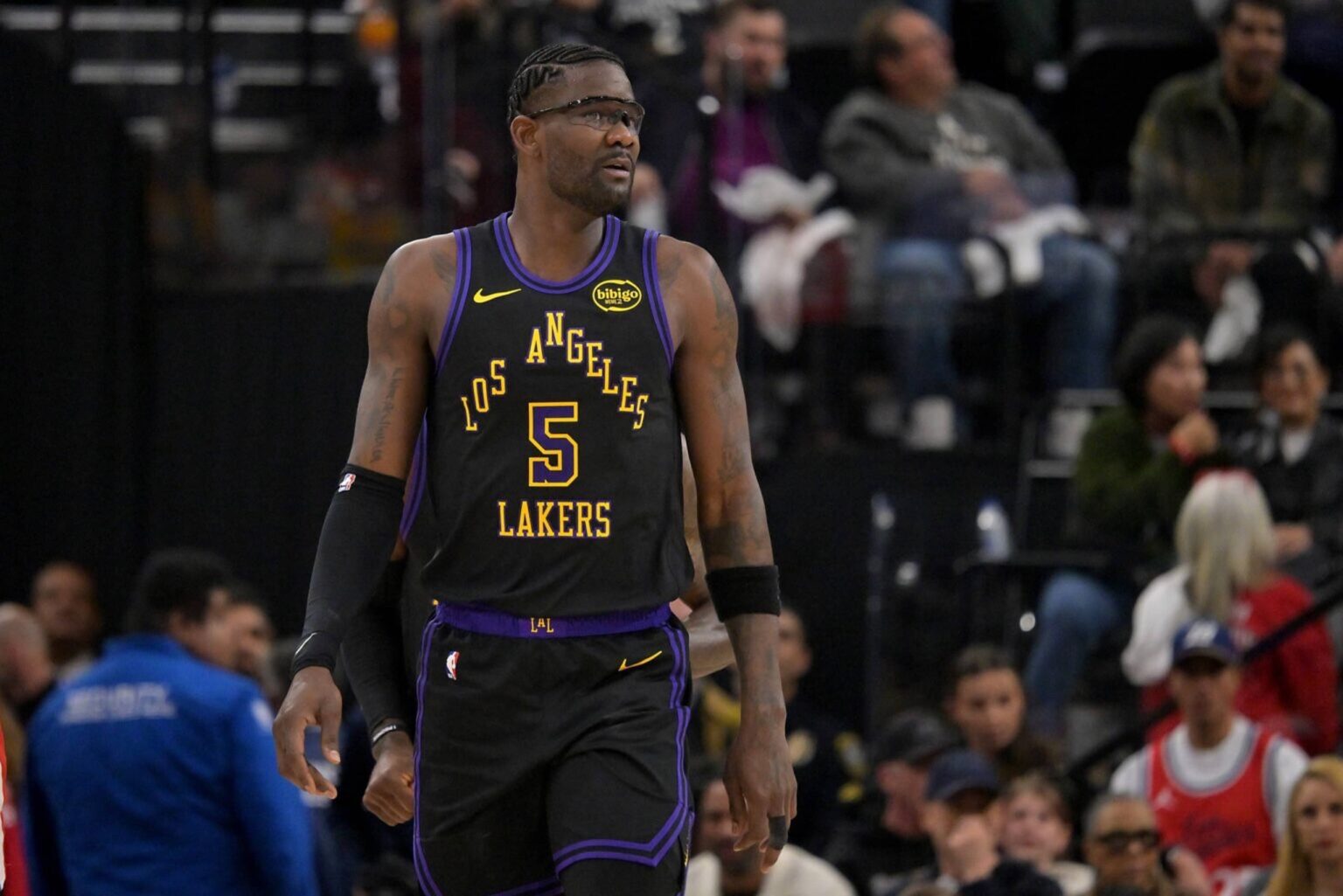 Jan 22, 2026; Inglewood, California, USA; Los Angeles Lakers center Deandre Ayton (5) wears protective glasses in the game against the Los Angeles Clippers at Intuit Dome. Mandatory Credit: Jayne Kamin-Oncea-Imagn Images
