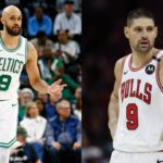 Derrick White reacts to Nikola Vucevic offering $5 million for his jersey number. Mandatory Credit: Imagn Images