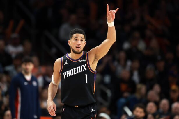 Jan 11, 2026; Phoenix, Arizona, USA; Phoenix Suns guard Devin Booker (1) reacts against the Washington Wizards in the first half at Mortgage Matchup Center. Mandatory Credit: Mark J. Rebilas-Imagn Images