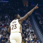 Jan 17, 2026; San Francisco, California, USA; Golden State Warriors forward Draymond Green (23) reacts after hitting a three-point shot against the Charlotte Hornets during the first quarter at Chase Center. Mandatory Credit: John Hefti-Imagn Images