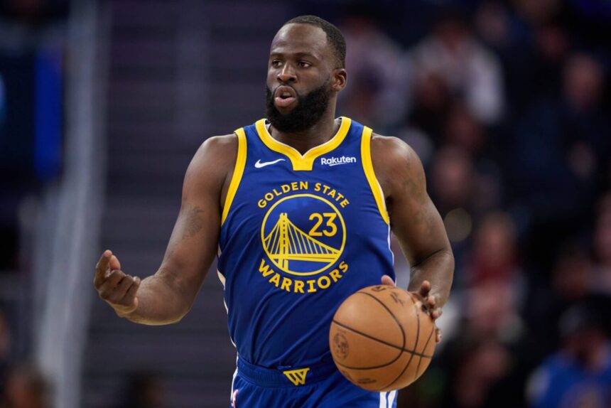 Jan 7, 2026; San Francisco, California, USA; Golden State Warriors forward Draymond Green (23) brings the ball up court against the Milwaukee Bucks during the third quarter at Chase Center. Mandatory Credit: Robert Edwards-Imagn Images