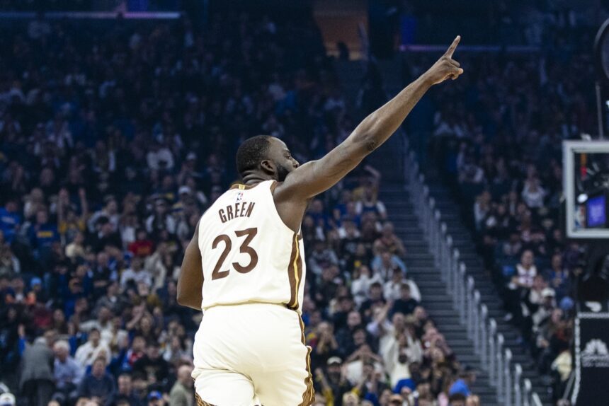 Jan 17, 2026; San Francisco, California, USA; Golden State Warriors forward Draymond Green (23) reacts after hitting a three-point shot against the Charlotte Hornets during the first quarter at Chase Center. Mandatory Credit: John Hefti-Imagn Images