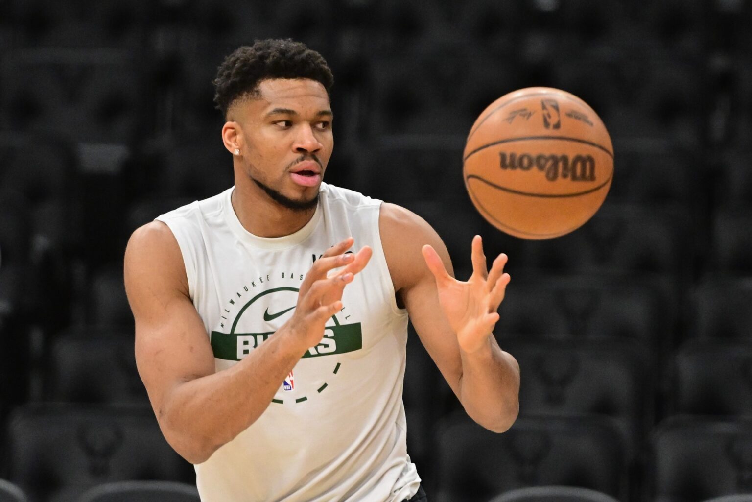 Feb 6, 2026; Milwaukee, Wisconsin, USA; Milwaukee Bucks forward Giannis Antetokounmpo (34) warms up before game against the Indiana Pacers at Fiserv Forum. Mandatory Credit: Benny Sieu-Imagn Images
