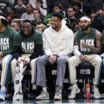 Feb 4, 2026; Milwaukee, Wisconsin, USA; Milwaukee Bucks forward Giannis Antetokounmpo looks on from the bench during the first quarter against the New Orleans Pelicans at Fiserv Forum. Mandatory Credit: Jeff Hanisch-Imagn Images