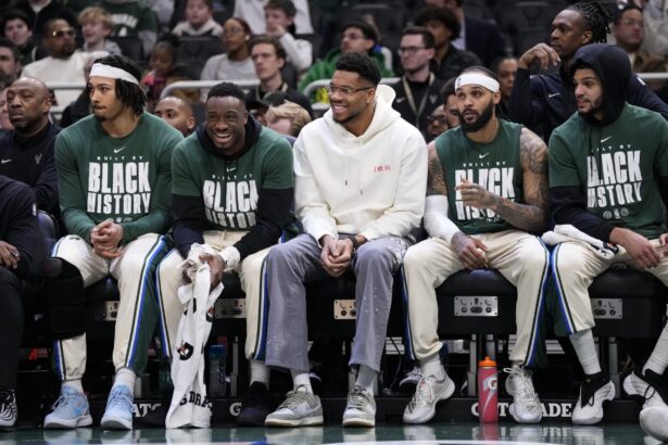 Feb 4, 2026; Milwaukee, Wisconsin, USA; Milwaukee Bucks forward Giannis Antetokounmpo looks on from the bench during the first quarter against the New Orleans Pelicans at Fiserv Forum. Mandatory Credit: Jeff Hanisch-Imagn Images