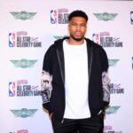 Feb 13, 2026; Los Angeles, CA, USA; Giannis Antetokounmpo arrives on the green carpet prior to an NBA Celebrity All-Star basketball game at Kia Forum. Mandatory Credit: William Liang-Imagn Images