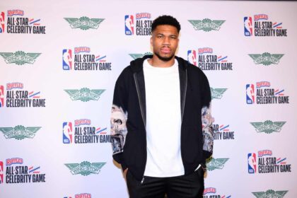 Feb 13, 2026; Los Angeles, CA, USA; Giannis Antetokounmpo arrives on the green carpet prior to an NBA Celebrity All-Star basketball game at Kia Forum. Mandatory Credit: William Liang-Imagn Images