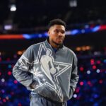 Feb 15, 2026; Inglewood, California, USA; Team World forward Giannis Antetokounmpo (34) of the Milwaukee Bucks looks on during the 75th NBA All Star Game at Intuit Dome. Mandatory Credit: Kirby Lee-Imagn Images