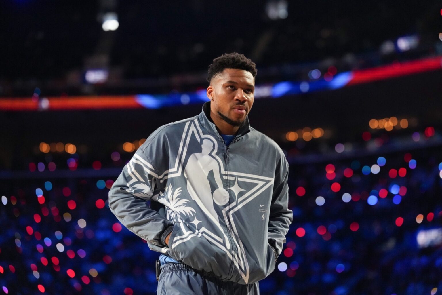 Feb 15, 2026; Inglewood, California, USA; Team World forward Giannis Antetokounmpo (34) of the Milwaukee Bucks looks on during the 75th NBA All Star Game at Intuit Dome. Mandatory Credit: Kirby Lee-Imagn Images