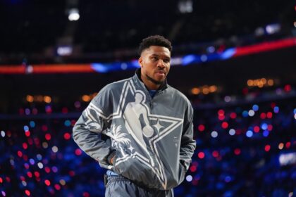 Feb 15, 2026; Inglewood, California, USA; Team World forward Giannis Antetokounmpo (34) of the Milwaukee Bucks looks on during the 75th NBA All Star Game at Intuit Dome. Mandatory Credit: Kirby Lee-Imagn Images