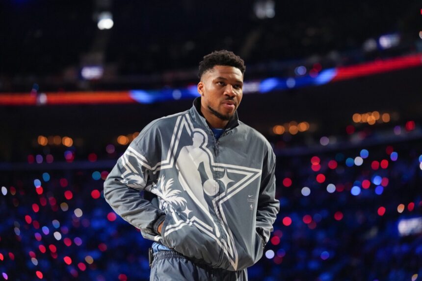 Feb 15, 2026; Inglewood, California, USA; Team World forward Giannis Antetokounmpo (34) of the Milwaukee Bucks looks on during the 75th NBA All Star Game at Intuit Dome. Mandatory Credit: Kirby Lee-Imagn Images
