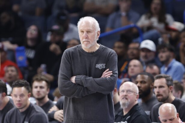 San Antonio Spurs head coach Gregg Popovich watches his team play against the Oklahoma City Thunder during the second half at Paycom Center.