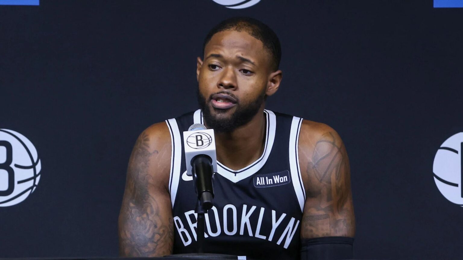 Haywood Highsmith speaks at the Brooklyn Nets media day. Mandatory Credit: Wendell Cruz-Imagn Images