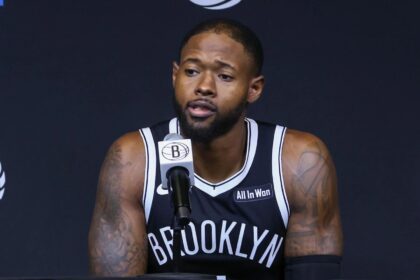 Haywood Highsmith speaks at the Brooklyn Nets media day. Mandatory Credit: Wendell Cruz-Imagn Images