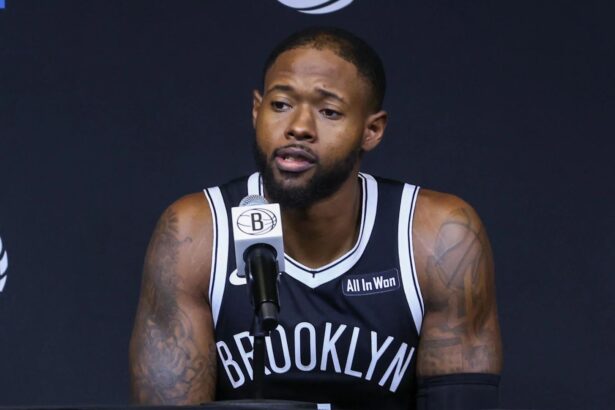 Haywood Highsmith speaks at the Brooklyn Nets media day. Mandatory Credit: Wendell Cruz-Imagn Images