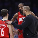 Feb 7, 2026; Oklahoma City, Oklahoma, USA; Houston Rockets Head Coach Ime Udoka talks to Houston Rockets forward Kevin Durant (7) and guard Reed Sheppard (15) during the second half at Paycom Center. Mandatory Credit: Alonzo Adams-Imagn Images