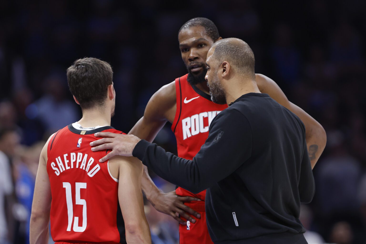 Feb 7, 2026; Oklahoma City, Oklahoma, USA; Houston Rockets Head Coach Ime Udoka talks to Houston Rockets forward Kevin Durant (7) and guard Reed Sheppard (15) during the second half at Paycom Center. Mandatory Credit: Alonzo Adams-Imagn Images