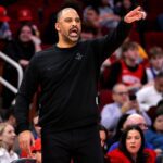 Feb 5, 2026; Houston, Texas, USA; Houston Rockets head coach Ime Udoka on the sideline against the Charlotte Hornets during the second quarter at Toyota Center. Mandatory Credit: Erik Williams-Imagn Images