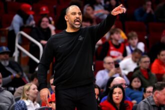 Feb 5, 2026; Houston, Texas, USA; Houston Rockets head coach Ime Udoka on the sideline against the Charlotte Hornets during the second quarter at Toyota Center. Mandatory Credit: Erik Williams-Imagn Images