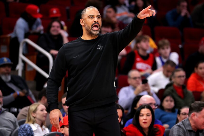 Houston, Texas, USA; Houston Rockets head coach Ime Udoka on the sideline against the Charlotte Hornets during the second quarter at Toyota Center. Mandatory Credit: Erik Williams-Imagn Images