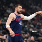 Jan 5, 2026; Inglewood, California, USA; LA Clippers center Ivica Zubac (40) reacts against the Golden State Warriors in the first half at Intuit Dome. Mandatory Credit: Kirby Lee-Imagn Images