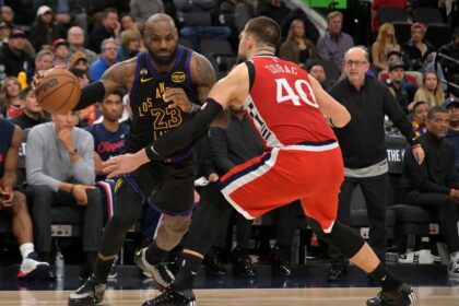 Jan 22, 2026; Inglewood, California, USA; Los Angeles Lakers forward LeBron James (23) is defended by Los Angeles Clippers center Ivica Zubac (40) in the second half at Intuit Dome. Mandatory Credit: Jayne Kamin-Oncea-Imagn Images