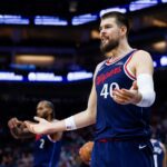 Oct 15, 2025; Sacramento, California, USA; Los Angeles Clippers center Ivica Zubac (40) reacts after a call during the second quarter against the Sacramento Kings at Golden 1 Center. Mandatory Credit: Sergio Estrada-Imagn Images