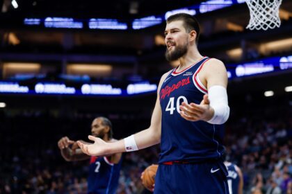 Oct 15, 2025; Sacramento, California, USA; Los Angeles Clippers center Ivica Zubac (40) reacts after a call during the second quarter against the Sacramento Kings at Golden 1 Center. Mandatory Credit: Sergio Estrada-Imagn Images