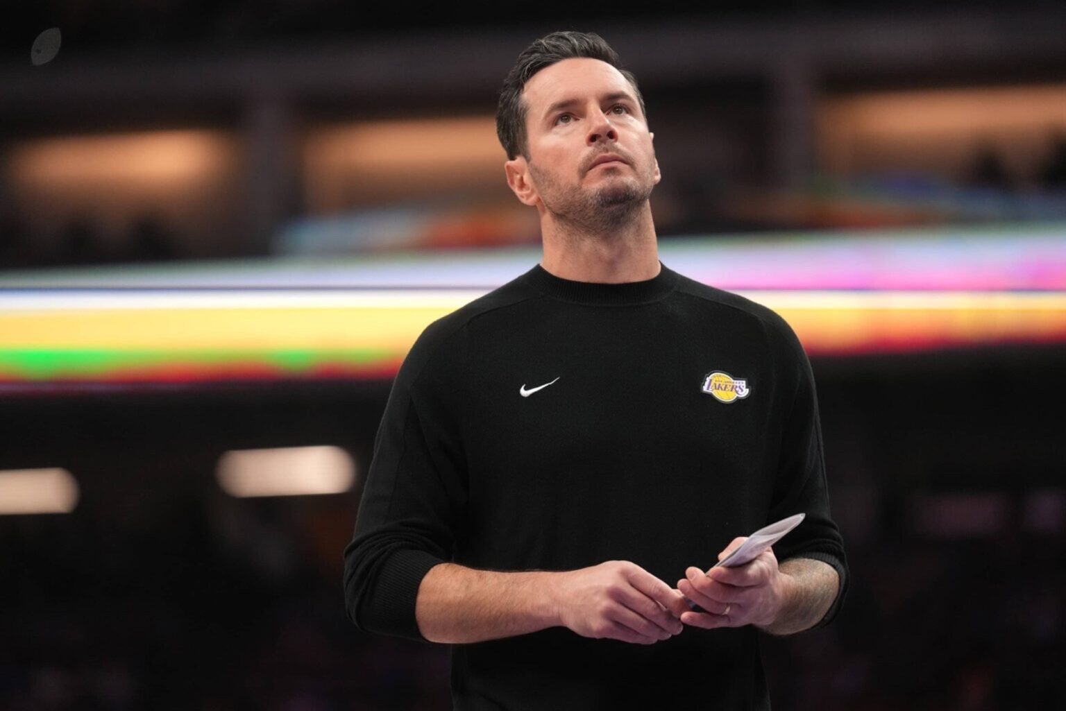 Jan 12, 2026; Sacramento, California, USA; Los Angeles Lakers head coach JJ Redick stands on the court during a timeout against the Sacramento Kings in the second quarter at the Golden 1 Center. Mandatory Credit: Cary Edmondson-Imagn Images