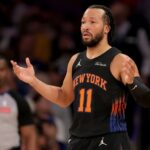 Jan 27, 2026; New York, New York, USA; New York Knicks guard Jalen Brunson (11) reacts during the first quarter against the Sacramento Kings at Madison Square Garden. Mandatory Credit: Brad Penner-Imagn Images