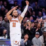 Feb 4, 2026; New York, New York, USA; New York Knicks guard Jalen Brunson (11) gestures after the Denver Nuggets call timeout in the second overtime at Madison Square Garden. Mandatory Credit: Wendell Cruz-Imagn Images