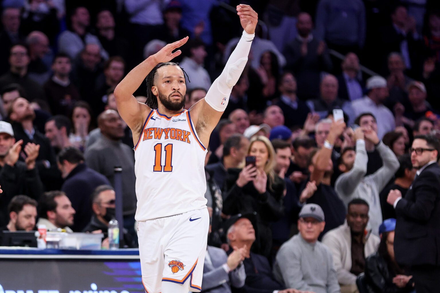 Feb 4, 2026; New York, New York, USA; New York Knicks guard Jalen Brunson (11) gestures after the Denver Nuggets call timeout in the second overtime at Madison Square Garden. Mandatory Credit: Wendell Cruz-Imagn Images