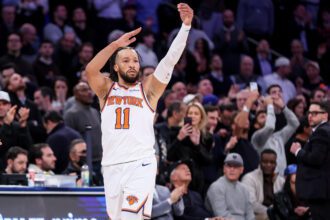 Feb 4, 2026; New York, New York, USA; New York Knicks guard Jalen Brunson (11) gestures after the Denver Nuggets call timeout in the second overtime at Madison Square Garden. Mandatory Credit: Wendell Cruz-Imagn Images