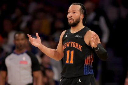 Jan 27, 2026; New York, New York, USA; New York Knicks guard Jalen Brunson (11) reacts during the first quarter against the Sacramento Kings at Madison Square Garden. Mandatory Credit: Brad Penner-Imagn Images